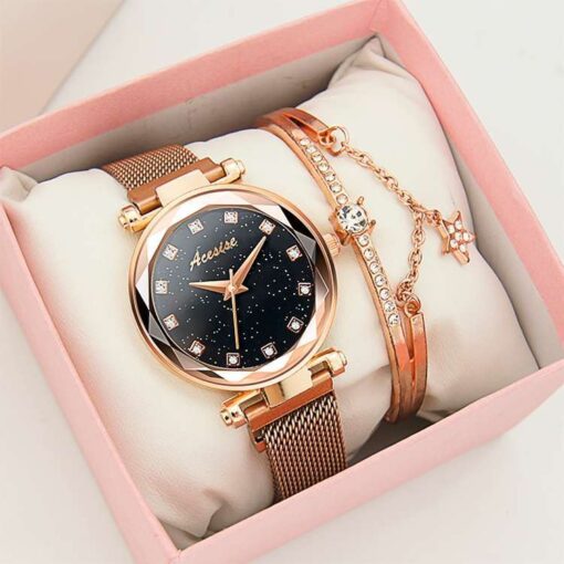 Luxury Wrist Watches for Women Rose Gold Magnet Starry Sky Diamond Quartz