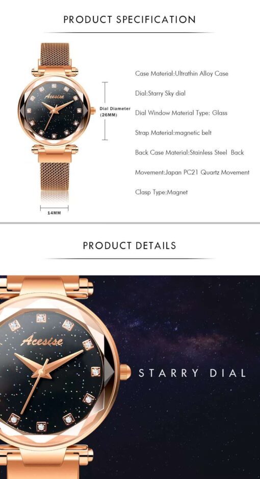 Luxury Wrist Watches for Women Rose Gold Magnet Starry Sky Diamond Quartz - Image 4